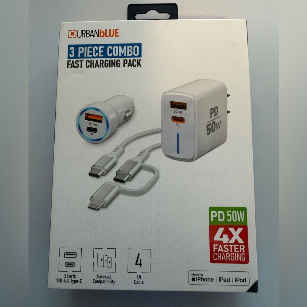 🔌 NEW UrbanBlue 3-Piece Fast Charging Pack – Wall + Car Charger + 4ft Cable